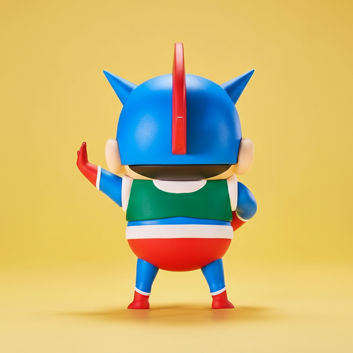 Figura Shin Chan disfrazado de Action Kamen vista trasera, colección Crayon Shin-chan, altura 11 cm.