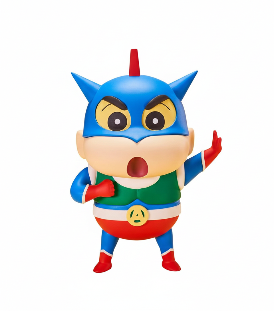 Figura Shin Chan disfrazado de Action Kamen vista frontal, colección Crayon Shin-chan, altura 11 cm.